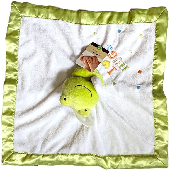 2010 Carter's Baby Frog Security Blanket Plush Stain I Love HUGS 16x16" Green - Picture 3 of 5